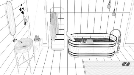 Blueprint project draft, cozy relaxing bathroom with wooden walls and floor, spa style, bathtub, washbasin, towel rack, lamps, carpet. Minimal vintage interior design, top view, aboveの写真素材