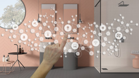 Glowing smart home interface, geometric background, connected line and dots showing internet of things system, hand pointing icons over modern bathroom with washbasin, home automationの写真素材