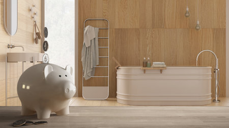 Wooden table top or shelf with white piggy bank with coins, modern bathroom with bathtub and...