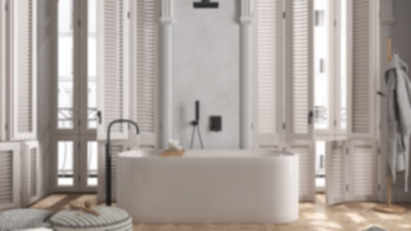 Blur background, modern bathroom in classic apartment, window with shutters and parquet....