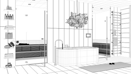 Blueprint project draft, modern wooden spa room, bathroom, wellness center with bathtub, sauna room...