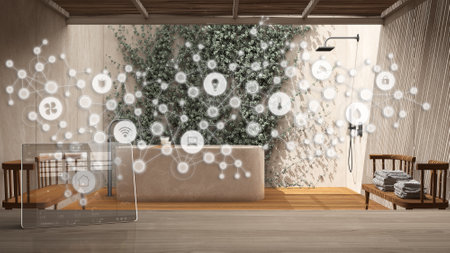 Tablet wireless with smart home app on wooden table, geometric background with connected line and dots showing internet of things system, home automation concept over zen bathroomの写真素材