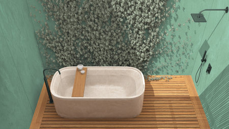 Minimalist bathroom in turquoise tones, japanese zen style, exterior eco garden with ivy, concrete walls, wooden floor. Freestanding bathtub and shower, top view, above. Interior designの写真素材