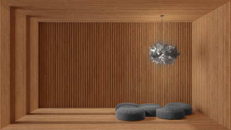 Minimalist zen room interior design, open space in gray tones with wooden walls and parquet. Velvet pouf, modern pendant lamp, peaceful relaxing architecture, japanese living roomの写真素材