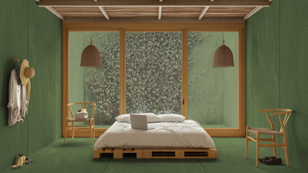 Modern wooden bedroom in green tones, pallet bed, exterior eco garden with ivy, balcony, concrete...