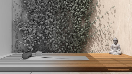 Architect interior designer concept: hand-drawn draft unfinished project that becomes real, yoga studio, japanese zen style, exterior garden with ivy, wooden floor, mats and pillowsの写真素材