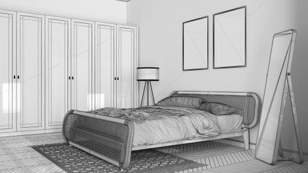 Unfinished project draft, frame mockup template, scandinavian modern wooden bedroom with rattan furniture, double bed with duvet and pillows, wardrobe, carpet, mirror, lamp. Parquetの写真素材