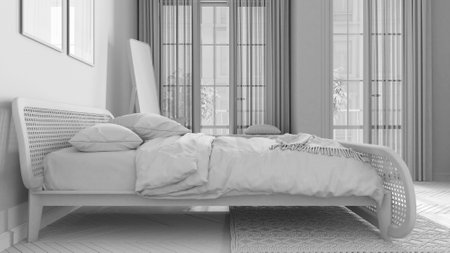 Total white project draft, minimalist scandinavian wooden bedroom with rattan furniture, double bed with duvet and pillows, parquet, window, carpet and mirror. Modern interior designの写真素材