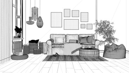 Blueprint project draft, scandinavian wooden living room with parquet and window, frame mockup, sofa with pillows, carpet, rattan table, pouf and decor. Modern interior design conceptの写真素材