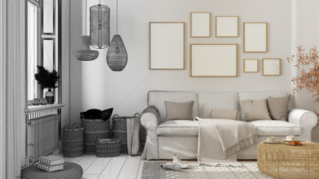 Architect interior designer concept: hand-drawn draft unfinished project that becomes real, living room with parquet and window, sofa with pillows, carpet, rattan table, potted plantsの写真素材