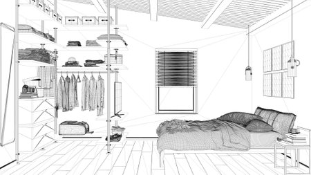 Blueprint project draft, modern minimalist bedroom with walk-in closet, parquet floor, wooden beams ceiling, bed with duvet, pillows. Window with blinds. Contemporary interior designの写真素材