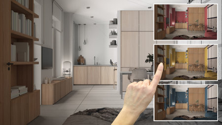 Architect designer concept, hand showing cozy wooden kitchen, living and dining room colors in different options, interior design project draft, color picker, material sampleの写真素材