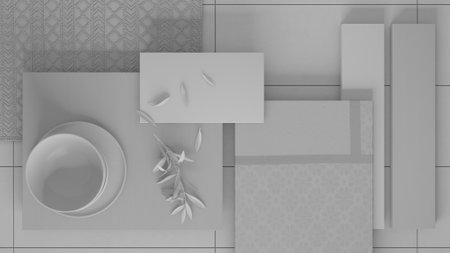 Total white project draft, texture, fabric, materials mood board, interior design inspiration idea....