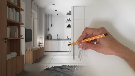 Architect interior designer concept: hand drawing a design interior project while the space becomes real, cozy living and dining room with dining table, chairs, window and bookshelfの写真素材