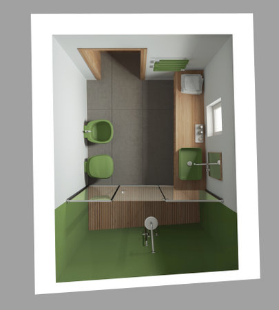 Minimalist bathroom in green and wooden tones, concrete tiles floor, large shower, washbasin with mirror, ceramic toilet and bidet. Top view, plan, above. Modern interior designの写真素材