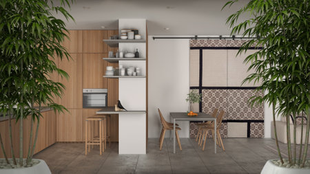 Zen interior with potted bamboo plant, natural interior design concept, cozy living room and kitchen...