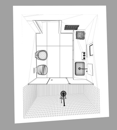Blueprint project draft, minimalist bathroom, concrete tiles floor, large shower, washbasin with mirror, ceramic toilet and bidet. Top view, plan, above. Modern interior designの写真素材