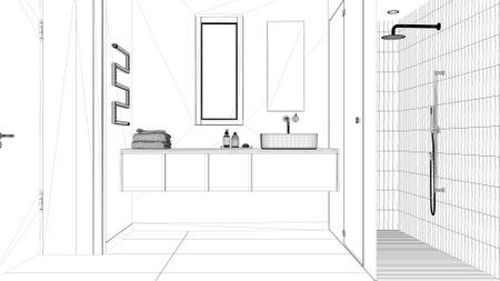 Blueprint project draft, minimalist bathroom, concrete tiles floor, large shower with tiles and spotlight, washbasin with mirror and accessories, towel rack. Modern interior designの写真素材