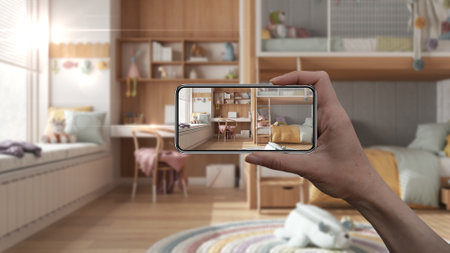 Hand holding smart phone, AR application, simulate furniture and interior design product in real...
