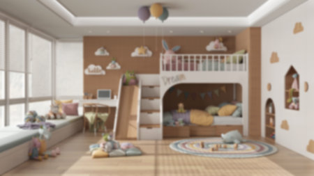 Blur background, modern wooden children bedroom with bunk bed in pastel tones, parquet, big window with sofa, desk with chair, wardrobe, carpet, toys and decors. Interior designの写真素材