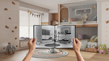 Hands holding notepad with children bedroom design blueprint sketch or drawing. Real interior design project background. Before and after concept, architect designer work flow ideaの写真素材