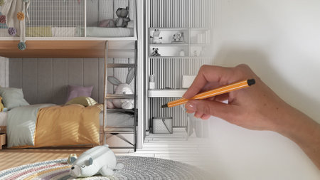 Architect interior designer concept: hand drawing a design interior project while the space becomes real, modern white and wooden children bedroom with bunk bed, toys and puppetsの写真素材