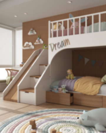 Blur background, cozy wooden children bedroom with bunk bed, duvet and pillows, window with venetian...