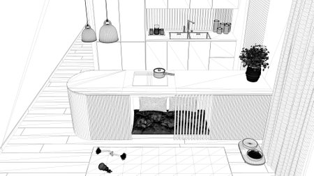 Blueprint project draft, dog friendly kitchen. Dog bed inside furniture with pillows and toys, space devoted to pets. Carpet, treat bowl, parquet. Interior design, top view, aboveの写真素材