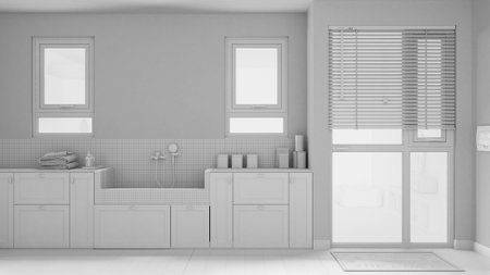 Total white project draft, space devoted to pet, modern laundry room with cabinets and dog bath shower with mosaic tiles and faucet. Parquet floor and windows. Mudroom interior designの写真素材