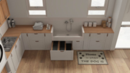 Blur background, pet friendly mudroom, laundry room with cabinets and dog bath shower with tiles and...
