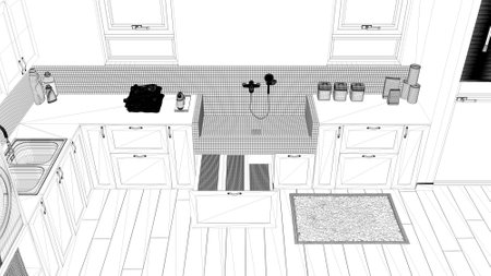 Blueprint project draft, pet friendly mudroom, laundry room with cabinets and dog bath shower with tiles and faucet, wooden ladder inside a drawer. Top view, above. Interior designの写真素材