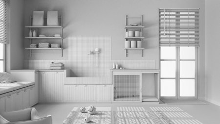 Total white project draft, space devoted to pet, pet friendly laundry room with appliances and dog bath shower. Shelves with dog food, dog bed with gate. Modern interior design ideaの写真素材