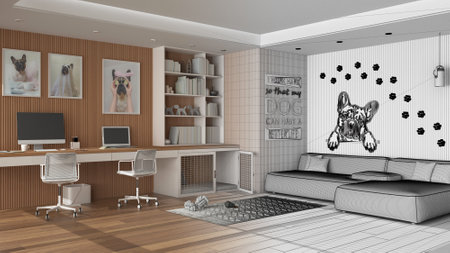 Architect interior designer concept: hand-drawn draft unfinished project that becomes real, pet...