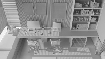 Total white project draft, pet friendly corner office, desk, chairs, computer, bookshelf, dog bed with gate. Window, parquet. Frame mockup. Top view, above. Interior designの写真素材
