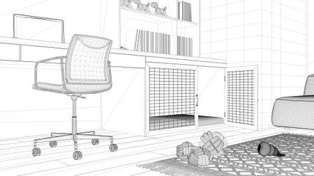 Blueprint project draft, pet friendly corner office, desk with chair, bookshelf and dog bed with gate. Bookshelf and carpet with dog toys. Close up, ground view, interior design ideaの写真素材