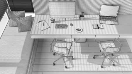 Unfinished project draft, smart working, corner office, desk with chairs, computers and accessories. Big window with bench with pillow, parquet floor, Top view, above. Interior designの写真素材
