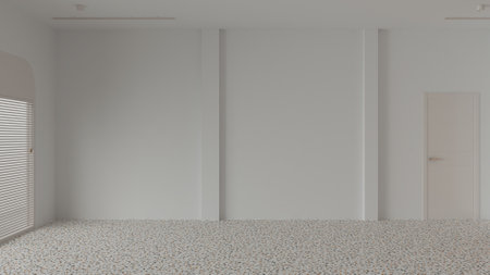 Empty room interior design, commercial space, open space with terrazzo tiles floor, white walls, entrance door with blinds, modern architecture concept ideaの写真素材