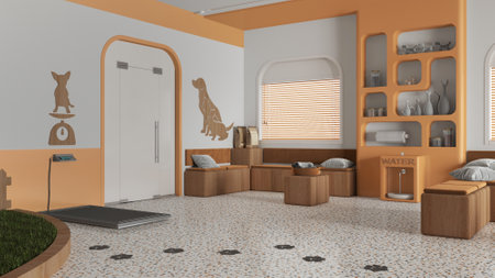 Veterinary clinic waiting room in orange and wooden tones. Sitting area with benches, bookshelf,...