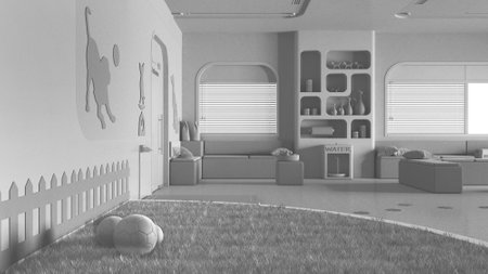 Total white project draft, veterinary clinic waiting room. Play garden with grass and toys for pets, sitting area with benches, bookshelf, water cooler, weight scale. Interior designの写真素材