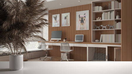 White table top or shelf with straws, dry plants, ornament, ears, sheaf, branch in vase, over pet friendly home office with desk and dog bed with gate, modern minimal interior designの写真素材