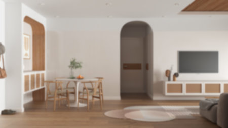 Blur background, contemporary wooden dining and living room, table with chairs, sliding door. Rattan television cabinet, carpet, parquet and cane ceiling. Interior designの写真素材