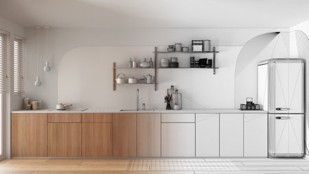 Architect interior designer concept: hand-drawn draft unfinished project that becomes real, modern...