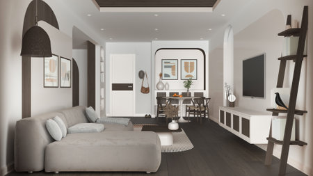 Contemporary wooden dining and living room in dark tones, sofa with carpet and table with chairs,...