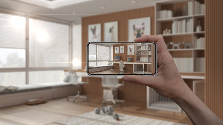 Hand holding smart phone, AR application, simulate furniture and interior design products in real...