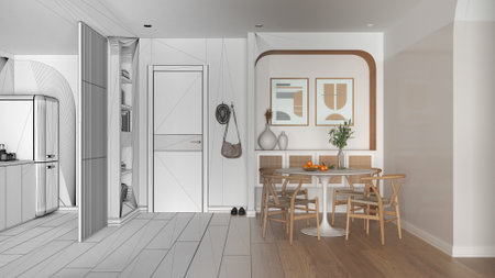 Architect interior designer concept: hand-drawn draft unfinished project that becomes real, dining...