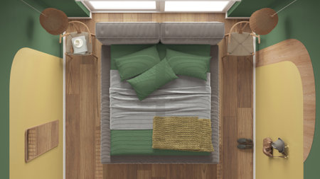 Modern wooden bedroom in green tones, master velvet bed with pillows and blanket, pendant lamps, chairs. Parquet, carpet, window with blinds. Top view, plan, above, interior designの写真素材
