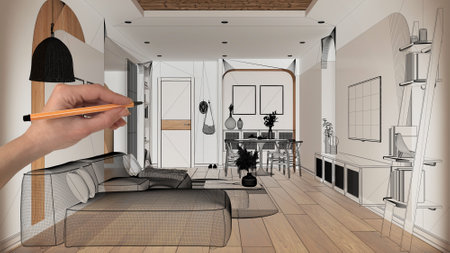 Empty white interior with parquet floor, hand drawing custom architecture design, black ink sketch,...