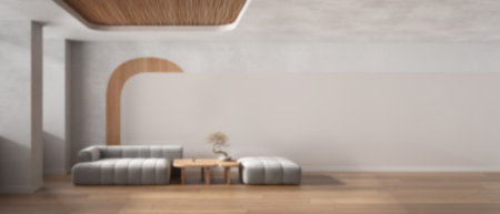 Blur background, panoramic view of elegant living room, sofa and pouf, table, bonsai, concrete...