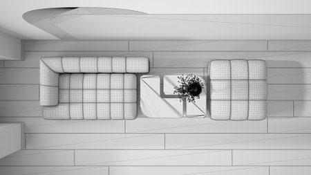 Unfinished project draft, elegant living room, sofa and pouf, wooden table with bonsai, concrete walls with decors. Parquet floor. Top view, plan, above, contemporary interior designの写真素材