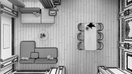Unfinished project draft, modern furniture in classic apartment, living and dining room with table and sofa. Plaster molded walls. Baroque interior design, Top view, plan, aboveの写真素材
